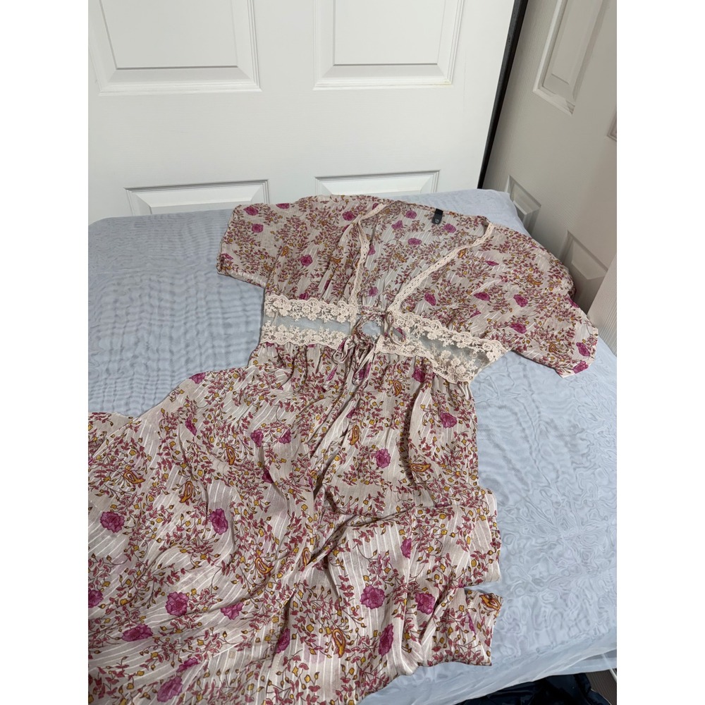 Alya Women Floral Lace Trim Maxi Duster  L/XL Boho